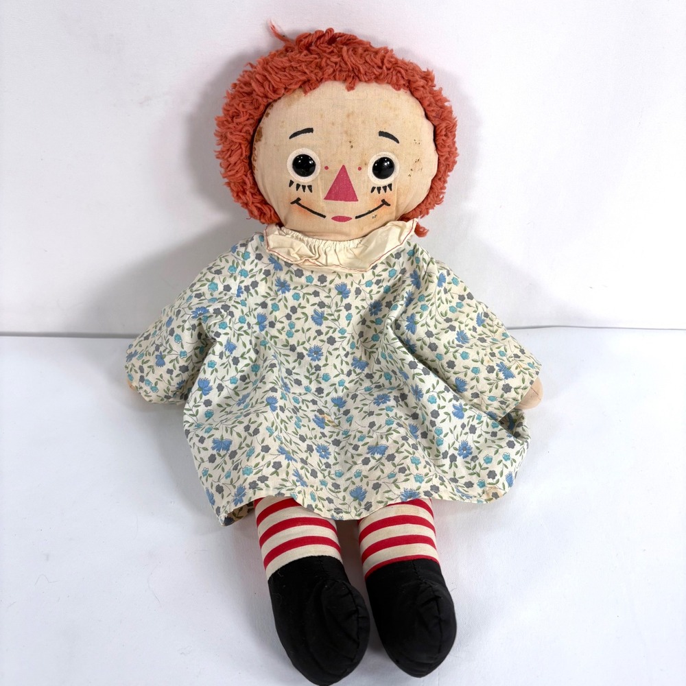Raggedy Ann Plush Doll Multi Color 1960s Vintage Floral Dress 16 inch